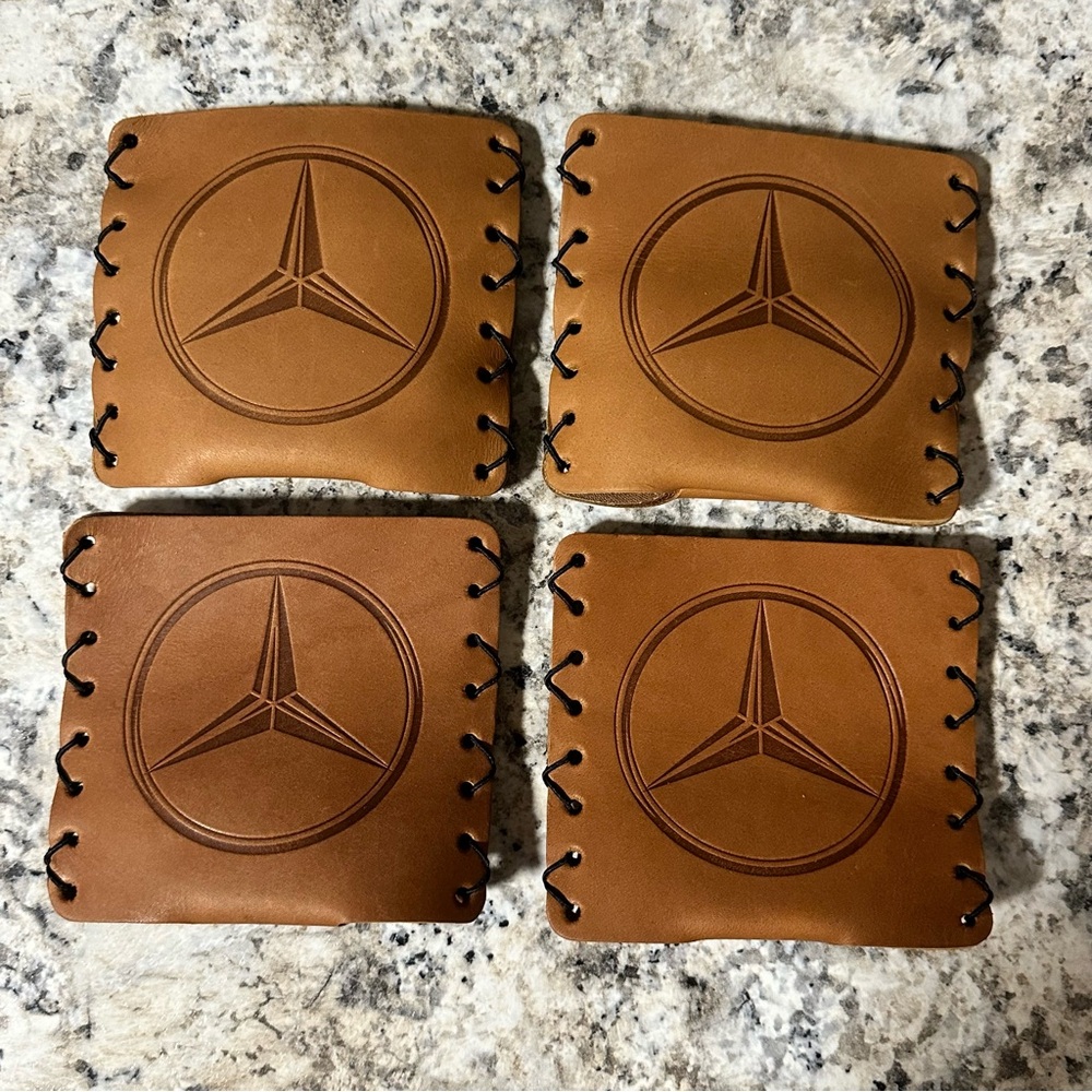 LEATHER CAN HOLDERS lot of 4 Mercedes-Benz Coozie for 12-16 oz cans. NWT
